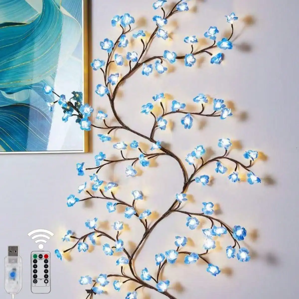 1pc 72 LEDS Blue Cherry Blossom Tree Branch Lights For Wall,Cherry Blossom Lights With Remote,Timer,8 Lighting Modes,Flexible Willow Vine Twig Fairy Light,Floral Wall Decor For Bedroom Home,Spring Decor US