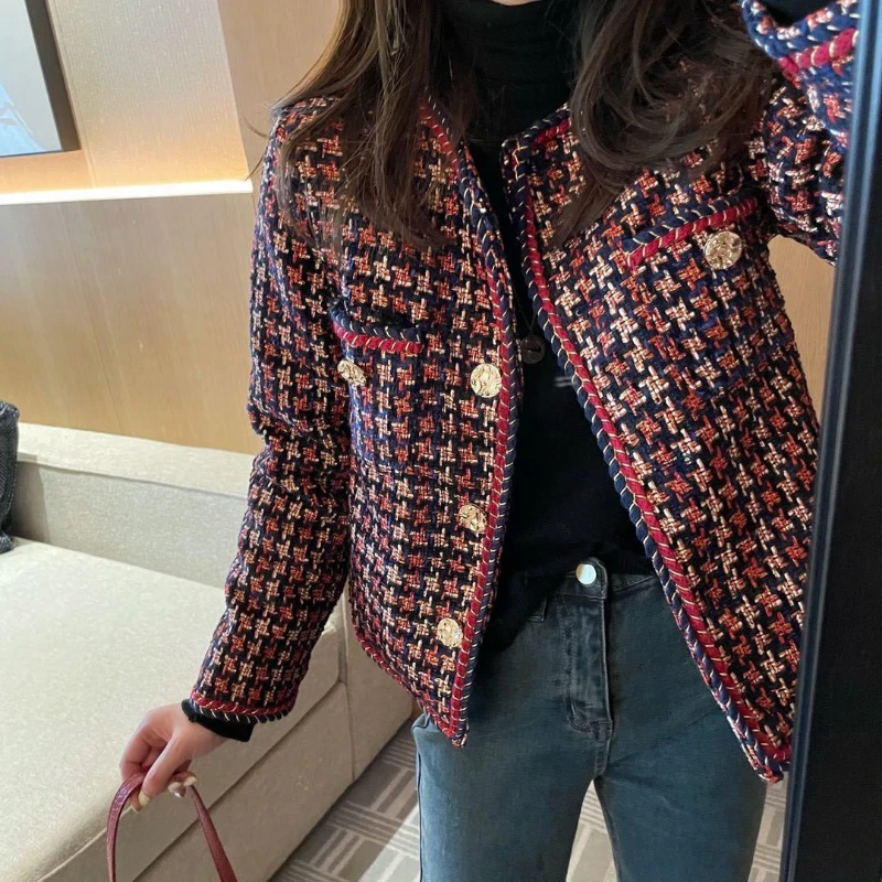 2024 Women Clothing Temperament Pocket Jackets O-neck Patchwork Y2k Vintage Outwear Fashion Thicked Tweed Single Breasted Coats