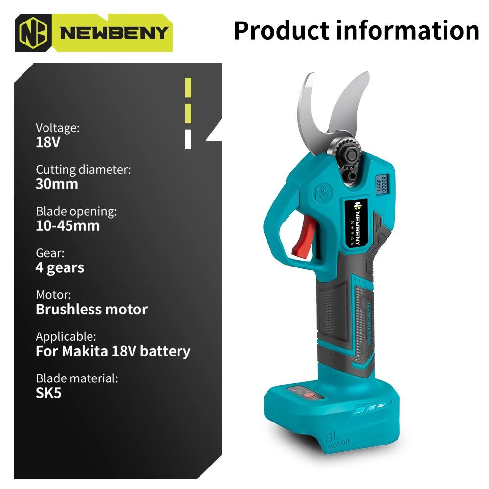 NEWBENY 1800W Brushless Electric Pruner 4 Gears Cordless Handheld Shrub Tree Scissors Garden Cutting Tool For Makita 18V Battery