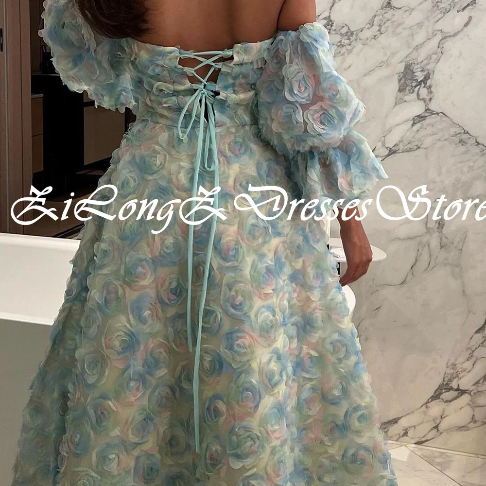 Elegant Party Dresses Woman 2024 Off The Shoulder Appliques Contrast Color Strapless Lace Up Back 3D Flowers Half Sleeve