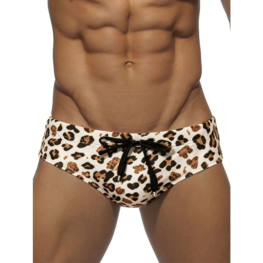 Men's Leopard Print Swmwear Briefs Sexy Swim Trunk Low Waist Sports Style Triangle Underwear Quick Dry Bikini Beach Pants Male