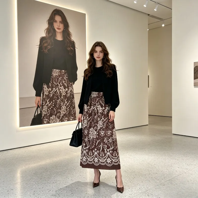 Miyake Pleated New 2026 Pleated Print Elastic Waist Hip-Covering A-Line Skirt Vacation Style Mid-Length Skirt for Women Pleat