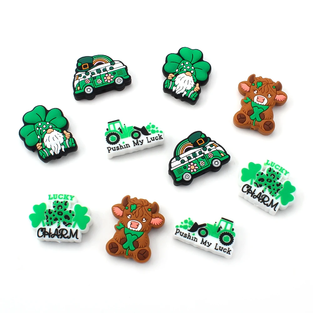 5/10pcs St. Patrick\'s Day Clover Silicone Beads Fashionable Leaf Design Focal BeadsVFor DIY Pens Lanyards Keychains Decorations