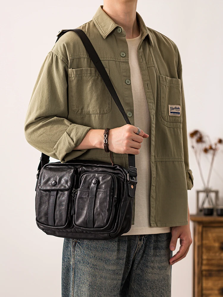 PNDME leisure designer handmade genuine leather men black shoulder bag weekend travel luxury first layer cowhide crossbody bag