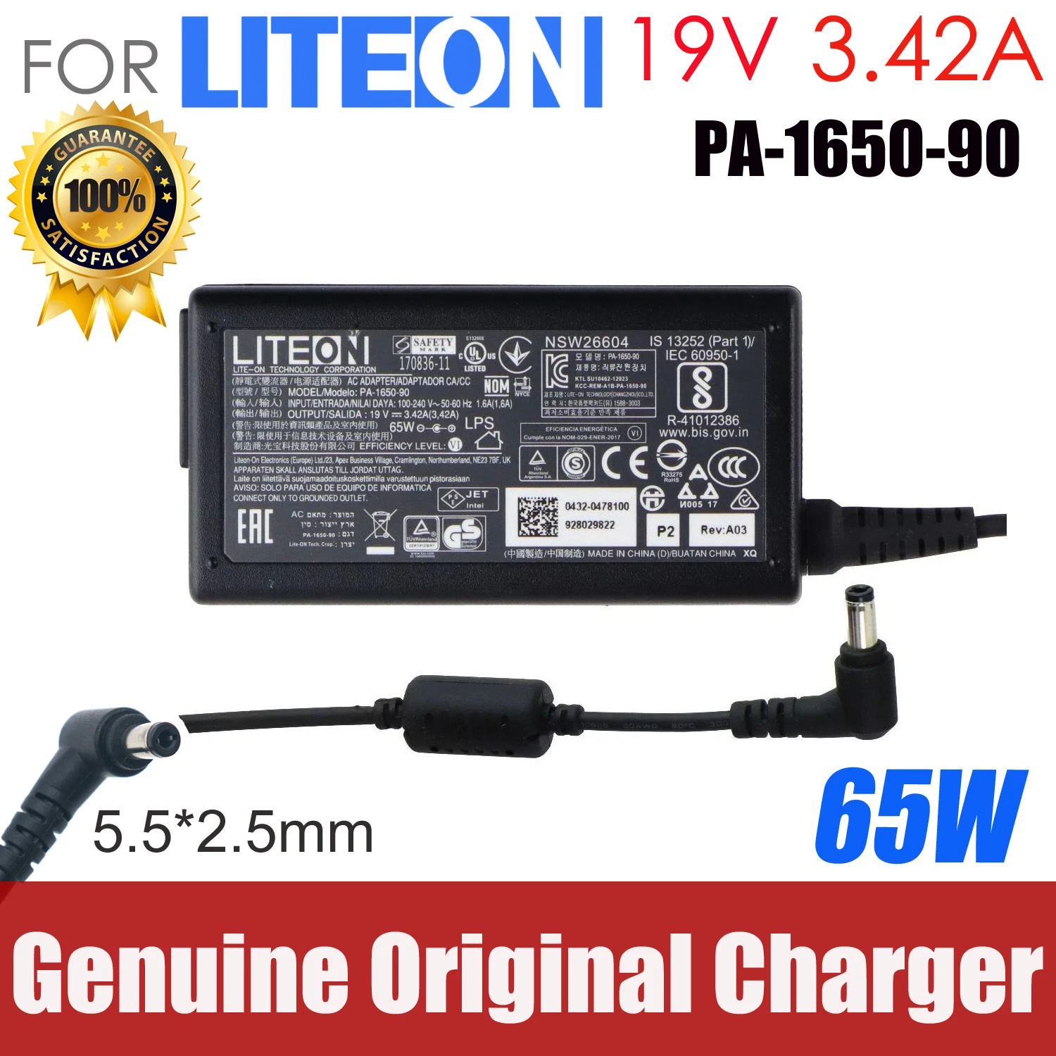 

Genuine OEM LITEON 19V 3.42A 65W PA-1650-90 AC Adapter for Intel NUC NUC5i7RYH Mini PC i7-5557U Original 5.5mm*2.5mm Charger