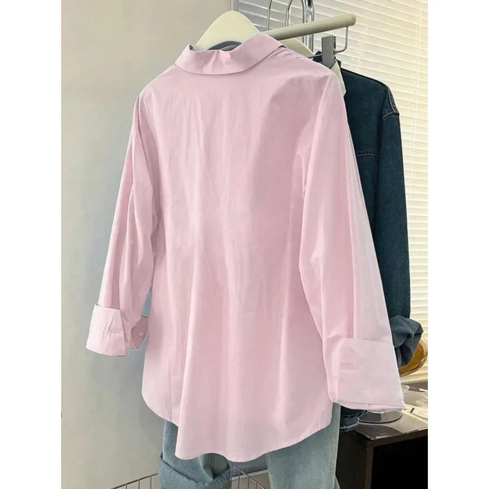 เสื้อเชิ้ตแขนยาวลำลองสำหรับผู้หญิงไซส์ใหญ่ 1XL-5XL ดีไซน์เรียบหรูทันสมัย สีพื้น เนื้อผ้าพอดีตัว หนาปานกลาง