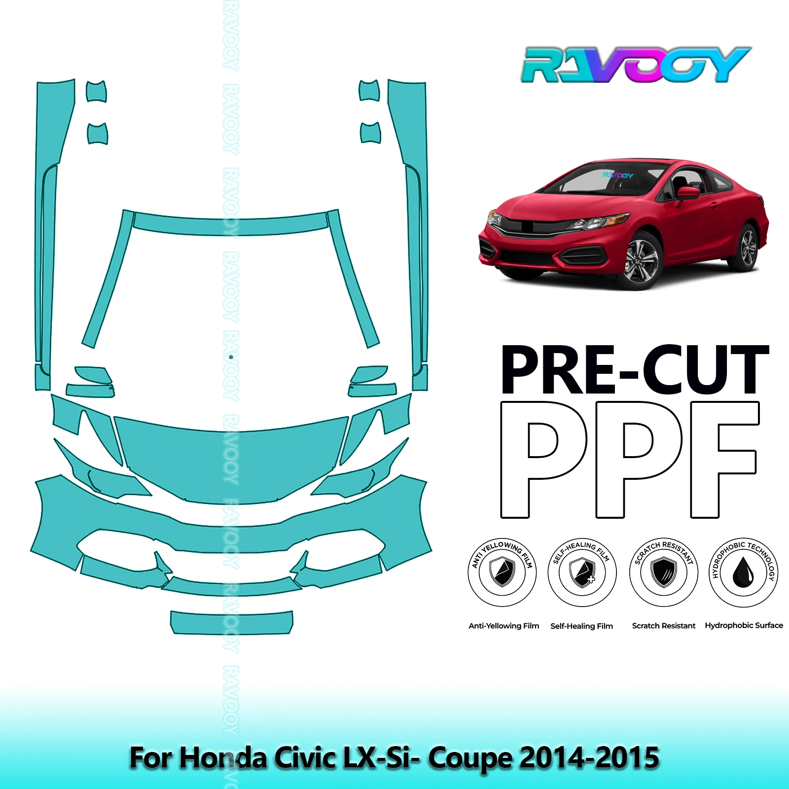 RAVOOY 8.5Mil Custom-Fit Precut TPU PPF Front Kit+Rockers Clear Bra Stone Guard EU UK For Honda Civic LX-Si-Coupe 2014-2015