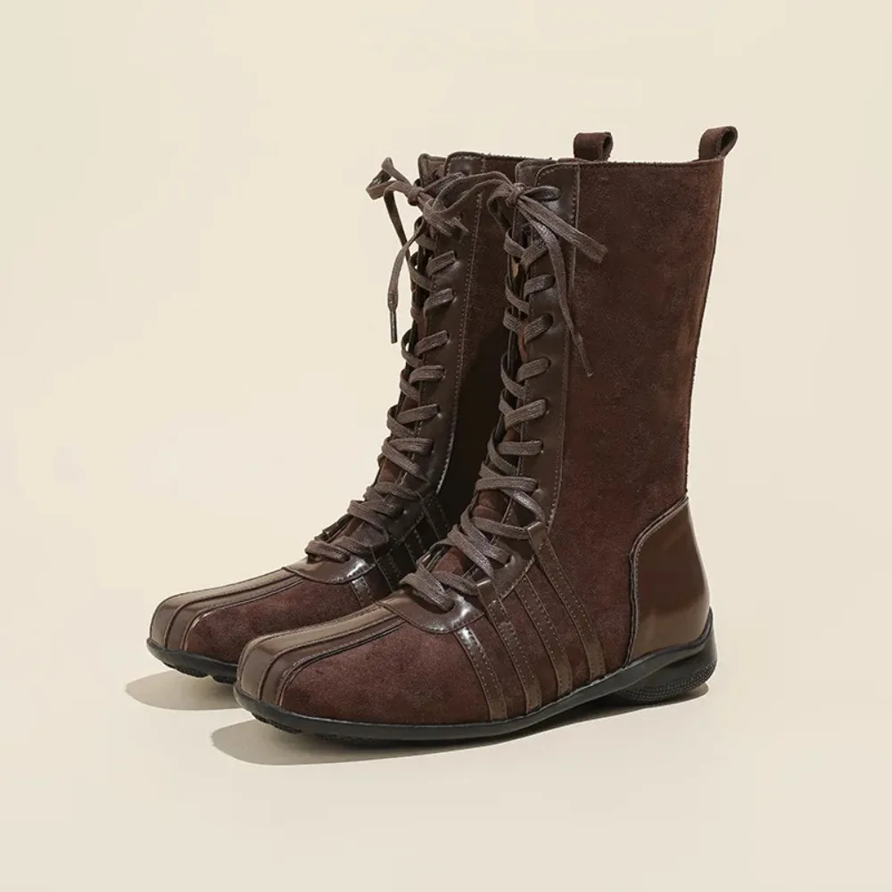 

Women's Boots New Vintage Fall Winter Boots Lace-up Western Flat Color Matching Mid-Calf Boots Botas De Invierno Para Mujer