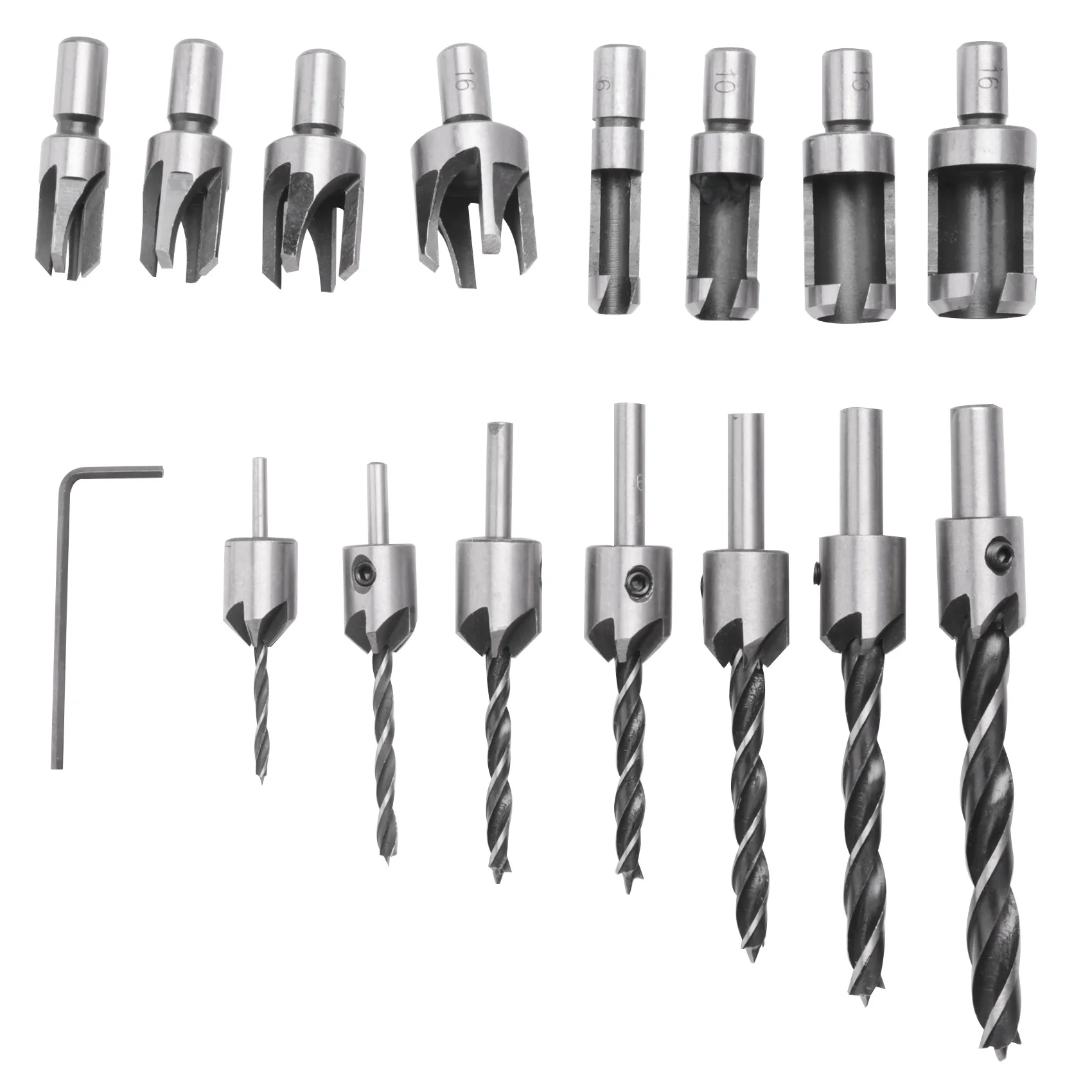 8 Pieces HSS Taper Claw Type Wood Plug Cutter Drill Bits 5/8 inch 1/2 inch 3/8 inch 1/4 inch + 7 Pieces Countersink Drill Bits