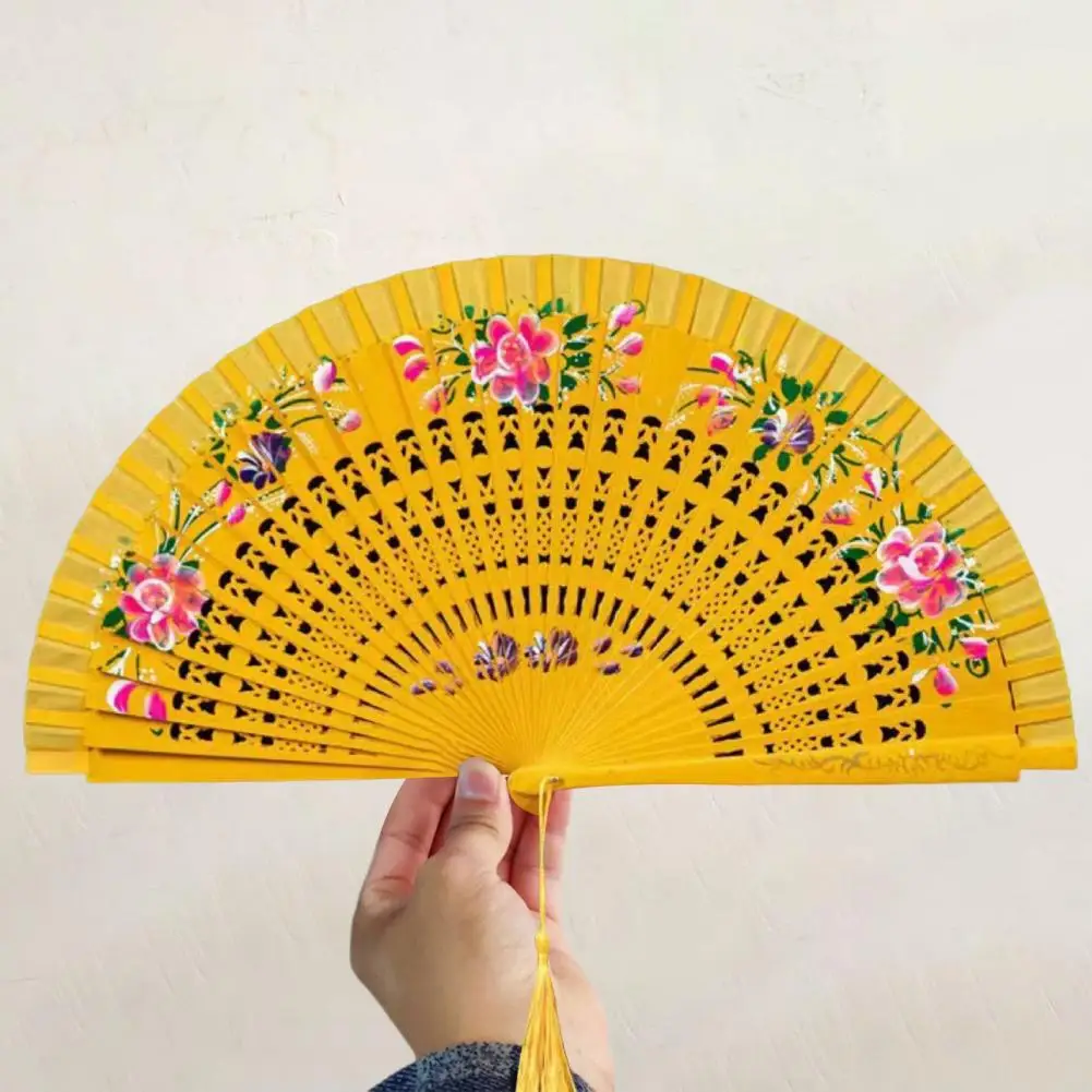 Folding Hand Held Fan with Tassels Double Sided Flower Wooden Hollow Ribs Catwalks Dance Wing Chun Props Vintage Chinese Fan