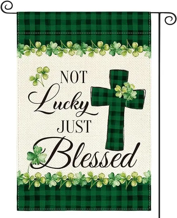 St Patricks Day Garden Flag 12x18 Inch Double Sided Buffalo Plaid Rustic Farmhouse Shamrock Cross Yard Holiday Flag SP13