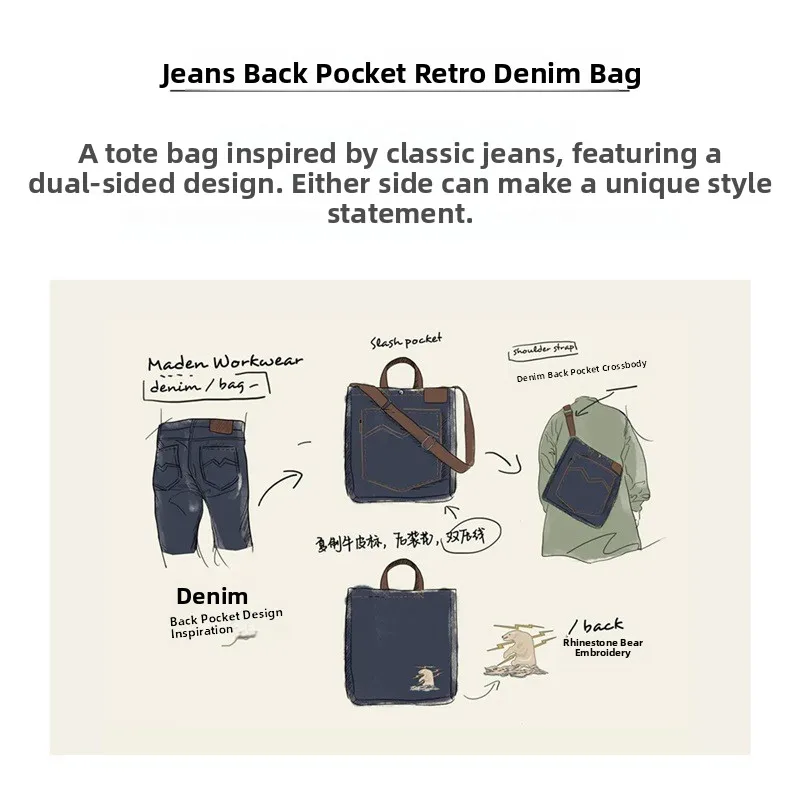 Madden Workwear Borsa a tracolla singola in denim retrò americano con tracolla singola Borsa tote per tablet portatile di grande capacità ricamata per uomo