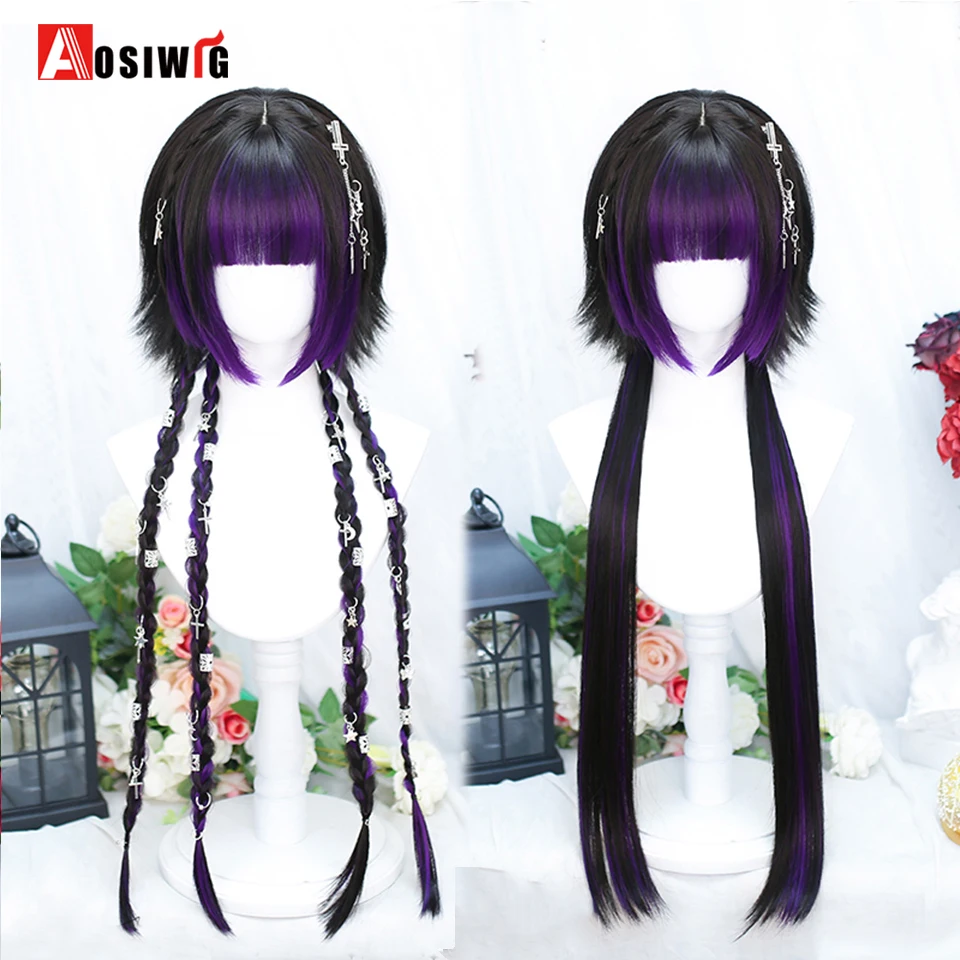 

AOSI 80cm Synthetic Long Straight Cosplay Wig With Bangs Black Highlights Purple Lolita Wig Women Halloween Cosplay Wigs Female