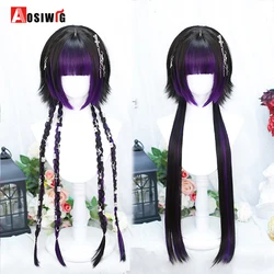 AOSI 80cm Synthetic Long Straight Cosplay Wig With Bangs Black Highlights Purple Lolita Wig Women Halloween Cosplay Wigs Female