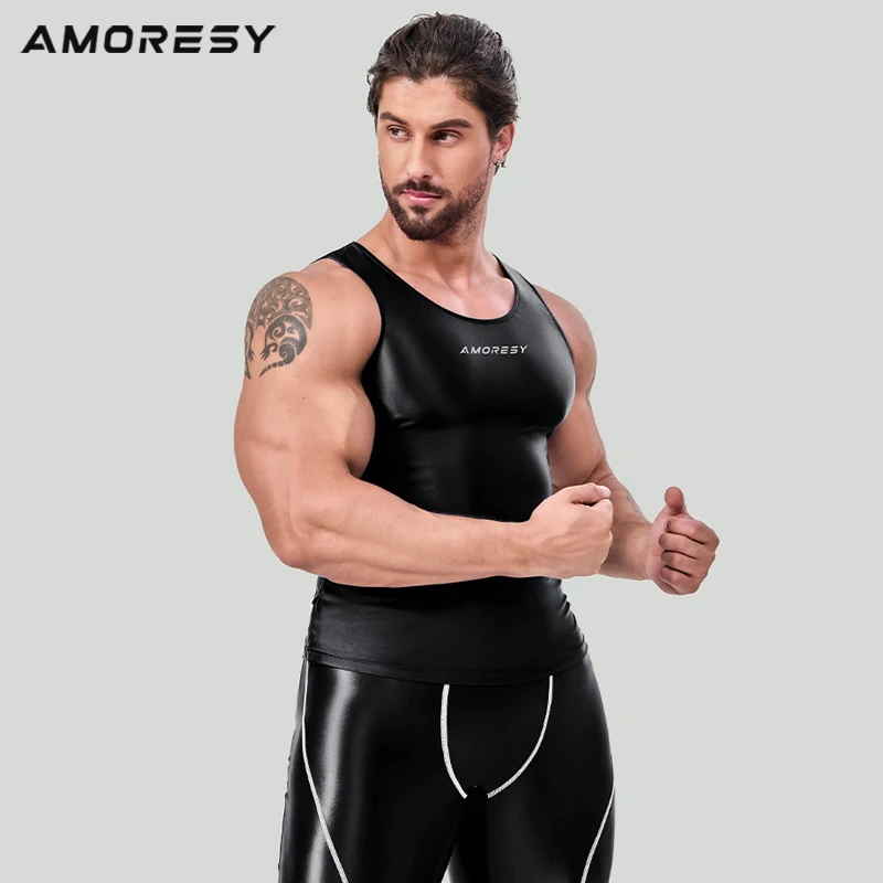 AMORESY Fashion Men High Elastic Spandex Breathable Tight Sports Hurdle Patchwork Vest Fitness Running Activewear Tops T-Shirts