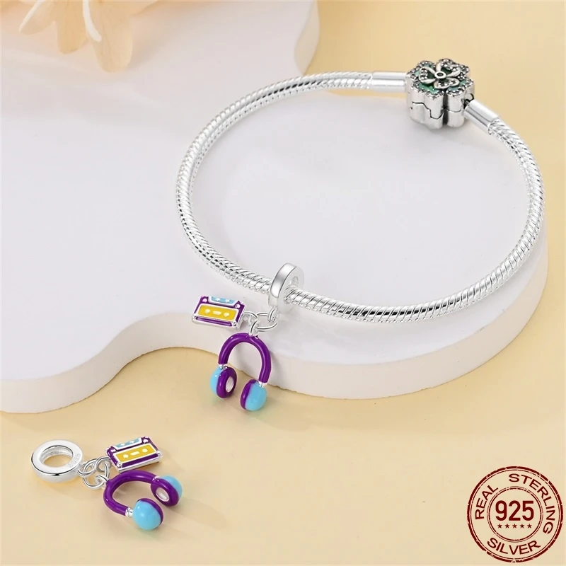 S925 Silver DIY Music Series-Punk Guitar Beads Charm Fit Pandora 925 Original Bracelet For Women Jewelry Birthday Gift New