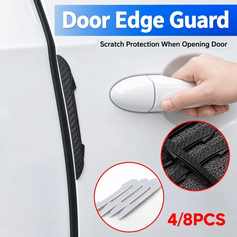 4/8pcs Car Door Protective Sticker Strip Carbon Fiber Look Anti-Collision Protector Car Door Edg Scratch-resistant Stickers