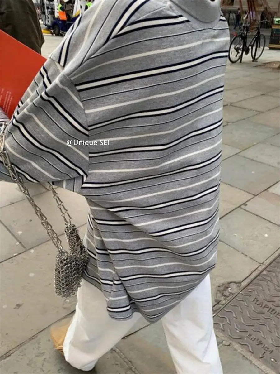 한국어 느슨한 streetwear 스트라이프 폴로 칼라 여성용 긴팔 티셔츠 봄 가을 새로운 캐주얼 모든 경기 여성 y2k top