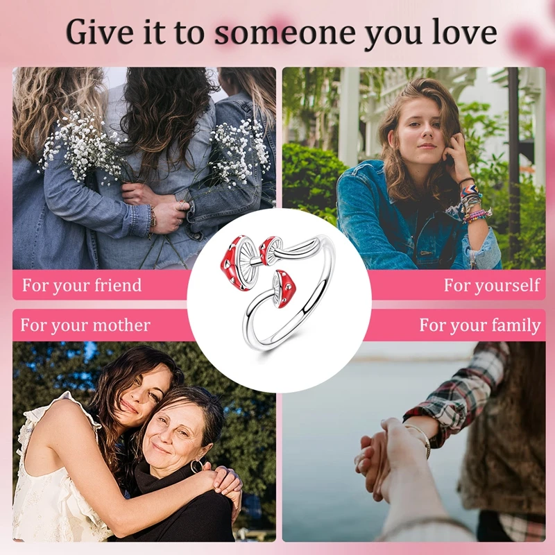 Women's Red Heart Mushroom 925 Sterling Silver Ring