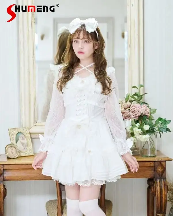 

Japanese Style Liz Lolita Princess Long Sleeve Dress Autumn New 2025 Girls Cute Bow Sweet Elegant Short Dress Women's Mine Dress
