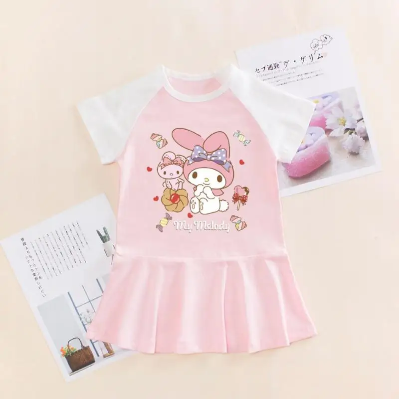 Sanrioed meine Melodie Kuromi Mädchen Kleid Sommer Kinder Kurzarm T-Shirt Rock Mode Falten rock Prep niedlichen Kinder Kleidung Geschenk