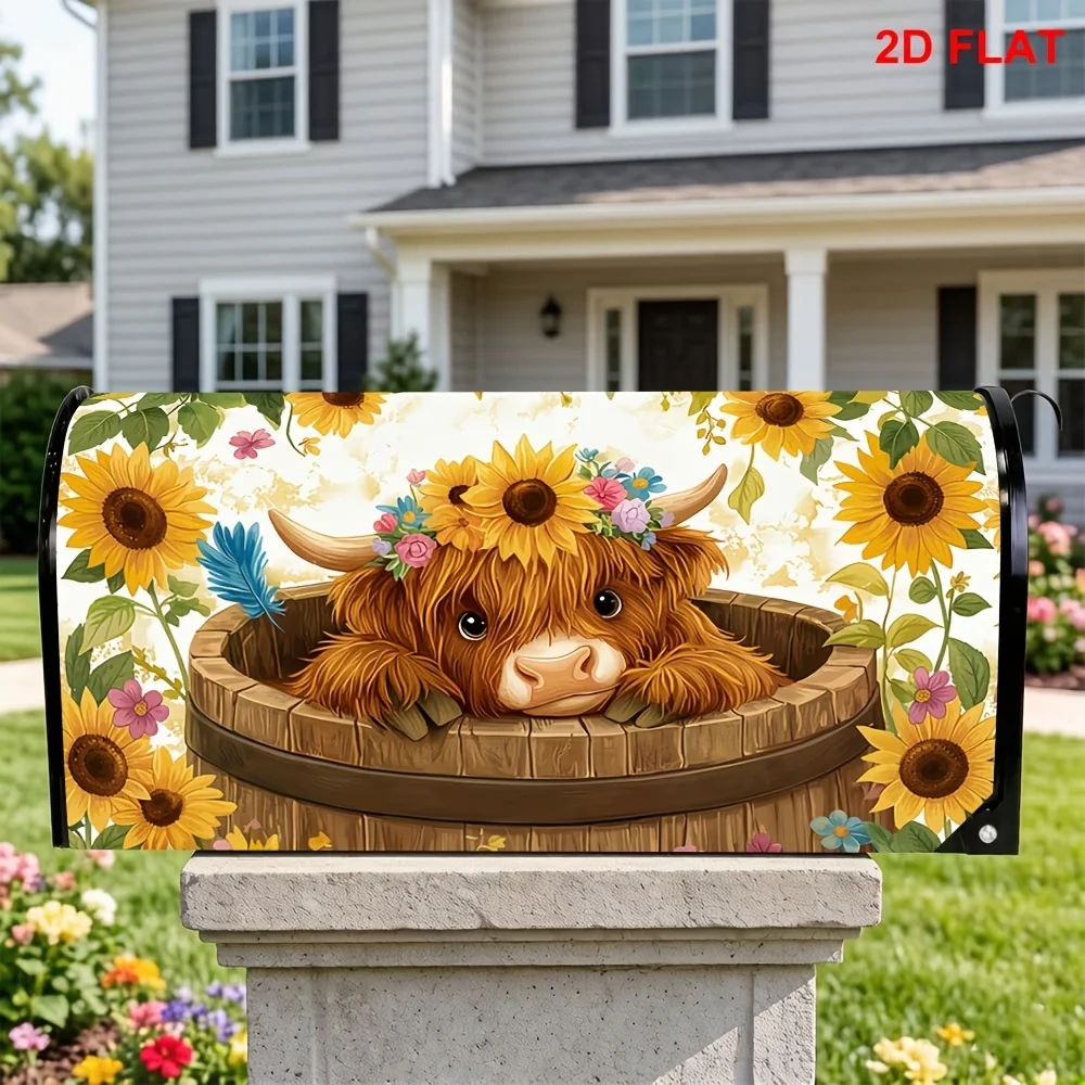 1pc Highland cow and sunflower themed mailbox cover, suitable for outdoor mailbox decoration for daily use, yards and gardens