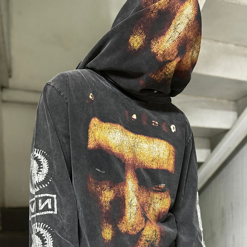 خمر غسلها الأسود المتضخم سانت قاعدة تي شيرت الرجال النساء متصدع الرسومات خطابات شعار تسعة بوصة مسمار كم طويل تي شيرت