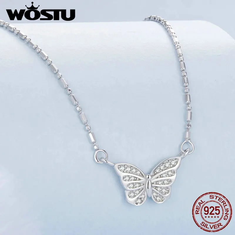 WOSTU Original 925 Sterling Silver Spiritual Butterfly Pendant Necklace for Women Fine Jewelry Party Wedding Daily Gift