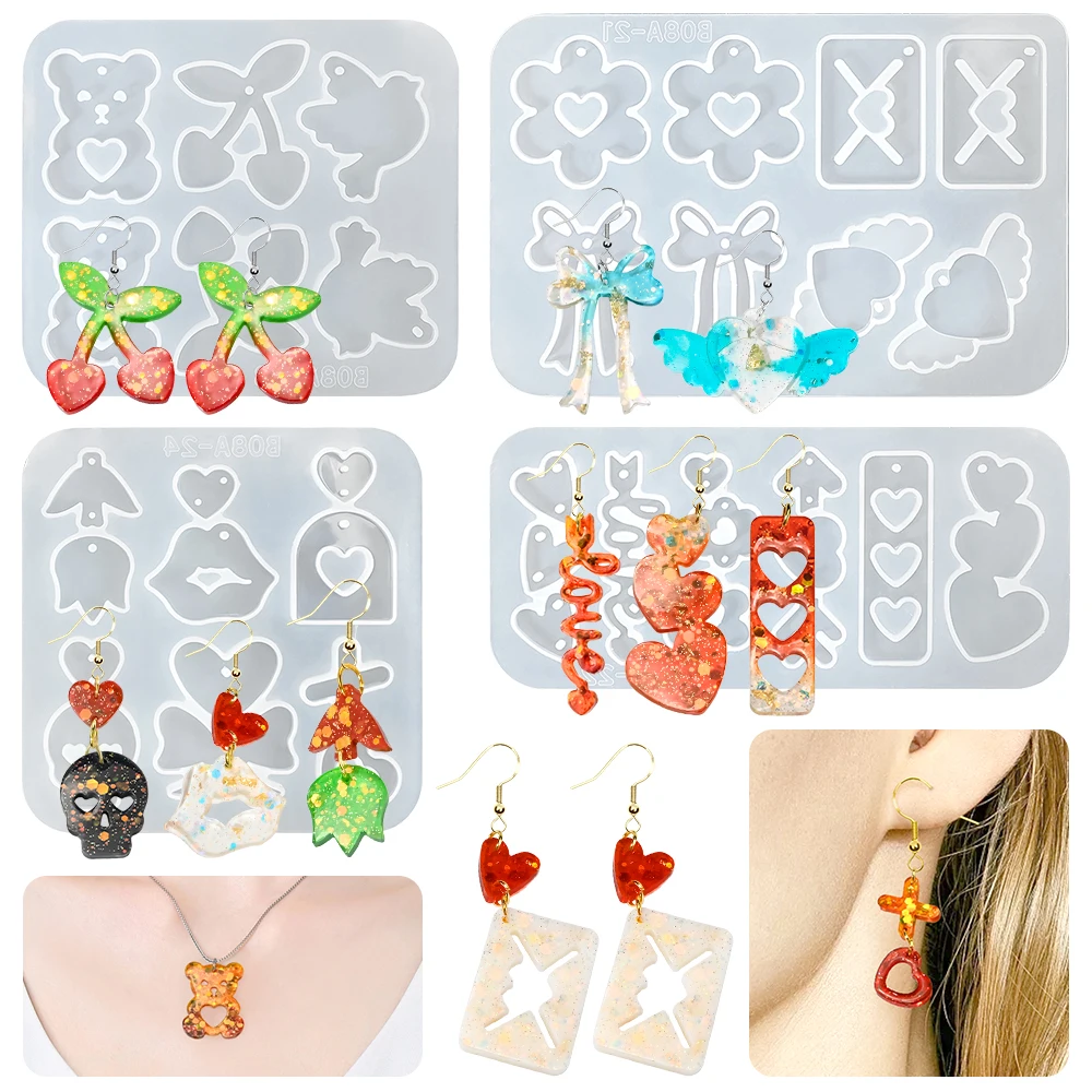 SZ084 Valentine's Day Heart Wing Shaped Earrings Resin Molds Handmade Cherry Bow Jewelry Pendant Epoxy Silicone Mold