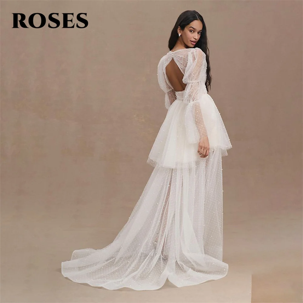 ROSES – robe formelle en Tulle avec perles blanches, tenue de soirée pour mariage, col en v, haute et basse, pour occasions spéciales, personnalisée