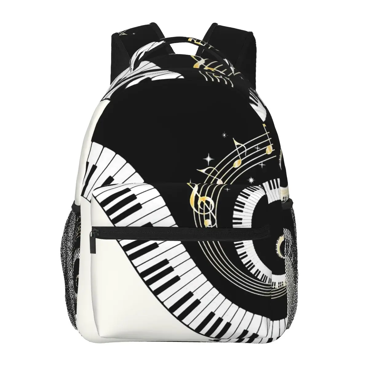 

Black White Piano And Golden Music Note Student Backpack School Bag Hiking Travel Daypack for Boys Girls Bookbag Shoulder Bags