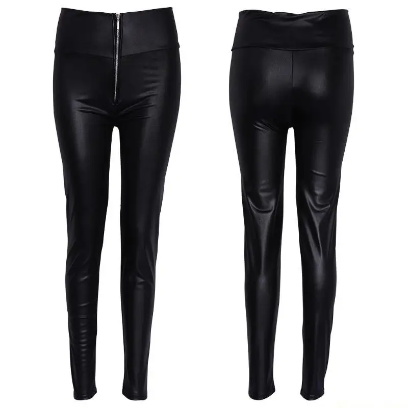 31BE Women High Waisted Zipper Pencil Pants Black Faux Leather Legging with Zipper