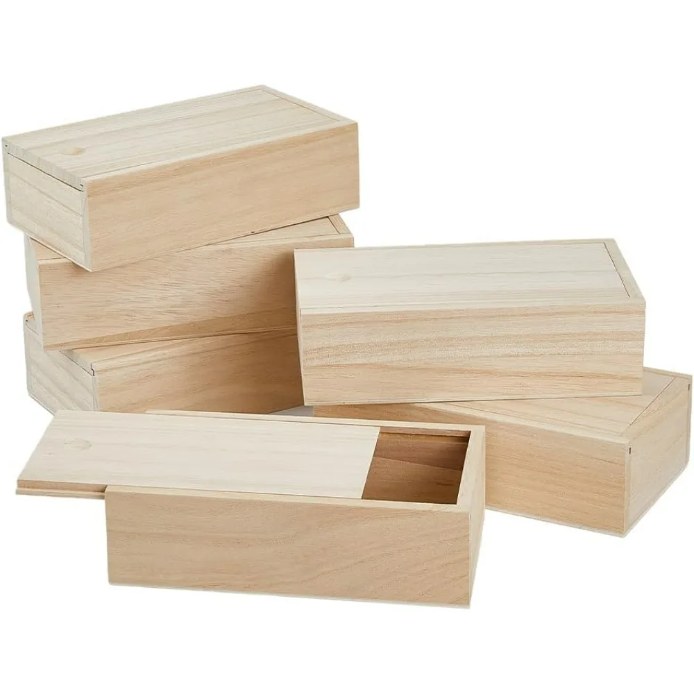 6Pcs Wood Box with Slide Lid 6.6x3.7inch Unfinished Wooden Storage Box Small Wooden Trinket Storage Box with Slide Making Kit