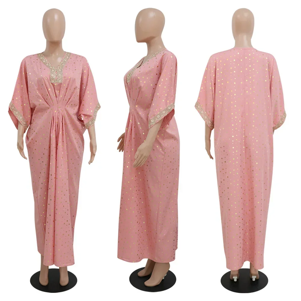 

Summer Abaya for Fashion Women Muslim Pink Polka Dot Print Maxi Dress Kaftan Evening Party Gown Eid Mubarak Islamic Vestidos