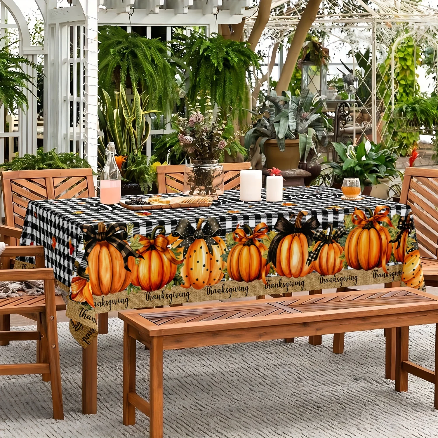 1pc Thanksgiving autumn tablecloth - black and white checkered pattern, featuring vivid pumpkins and maple leaveszyc