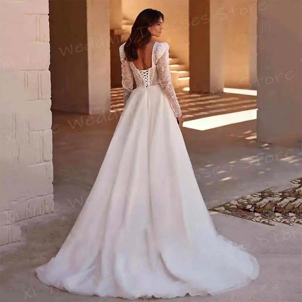 Vestidos de casamento linha para mulheres, lindos e modernos, manga comprida brilhante, com renda, vestidos de noiva, charmoso lado alto