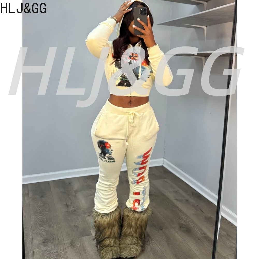 HLJ&GG Amerikaanse Retro Y2K Brief Afdrukken Capuchon Tweedelige Sets Vrouwen Lange Mouw Crop Top En Jogger Broek outfits Streetwear