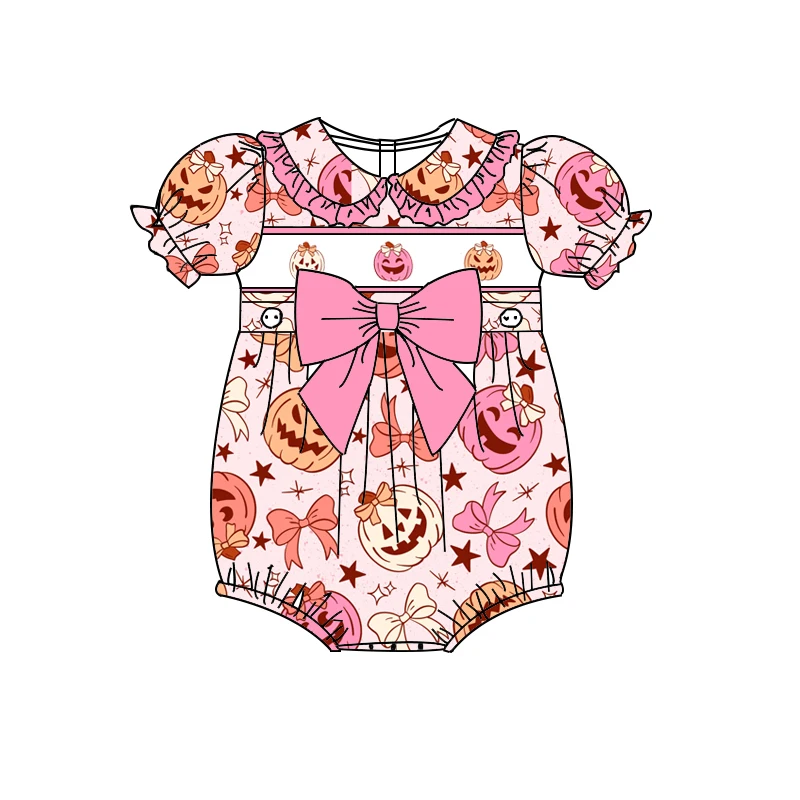 Boutique Collared Ruffled Jumpsuit Short Style Bow Decoration Halloween Pumpkin Print Wholesale
