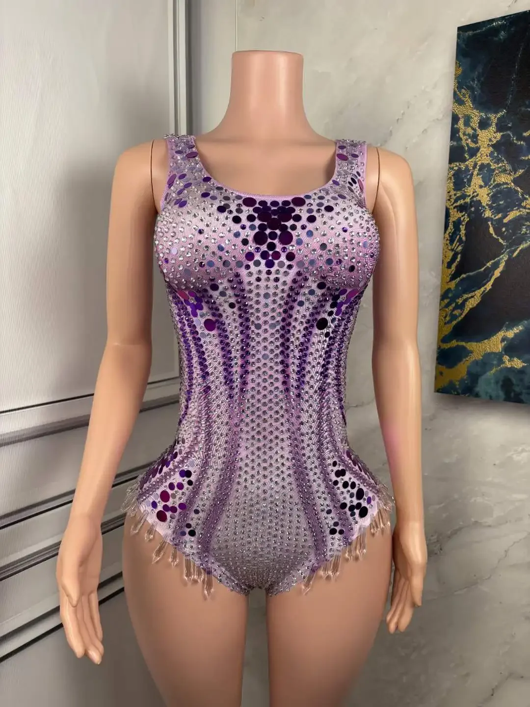 

Women Stunning Purple Rhinestone Sequins Dance Bodysuits Pole Nightclub Stage Wear Drag Queen Outfit Leotard 2025
