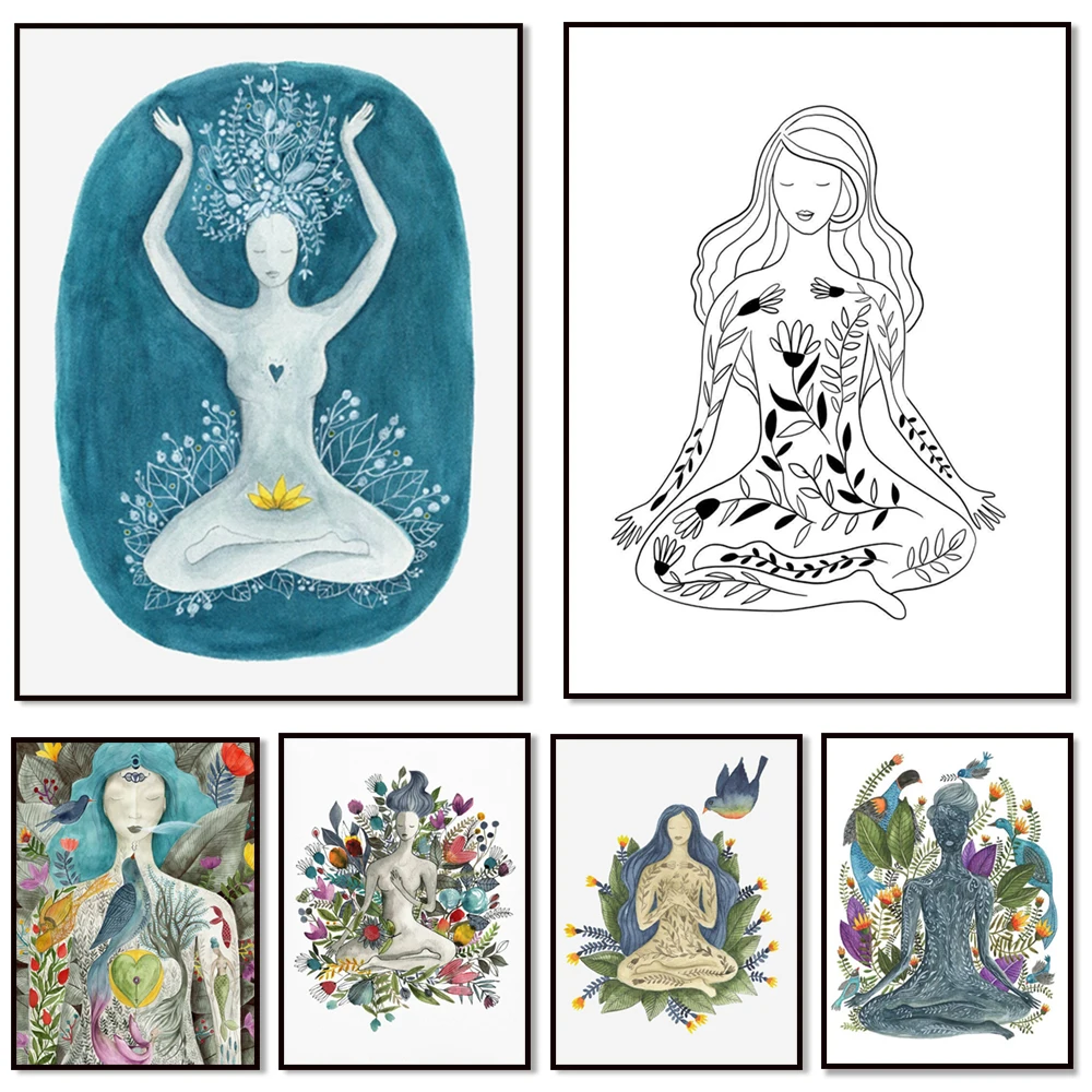 Yoga wall art decor print for meditation room, Yoga studio poster, Floral yoga pose illustration, Sukhasana Pose,
