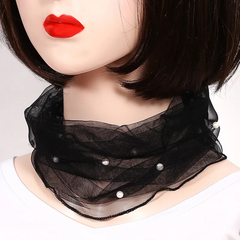 Women Lace Beaded Scarf Neck Cover Bib Headband Thin Mesh Sunscreen Scarves Elegant Faux Pearl Collars Elastic Small Neckerchief