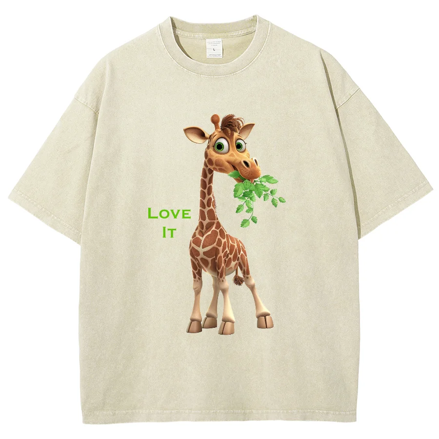 Cute Giraffe Eating Grass Print Ladies T-Shirt Neutral Wash Black Short Sleeve Oversized Loose Casual Everyday Tee