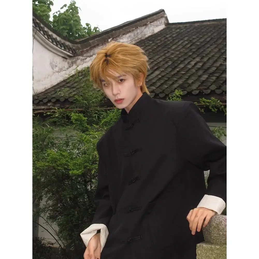 

Новая мужская рубашка в китайском стиле с длинным рукавом, тонкая, на двойной пуговице, с воротником-стойкой, летняя повседневная верхняя одежда, костюм Чжуншань, костюм Тан