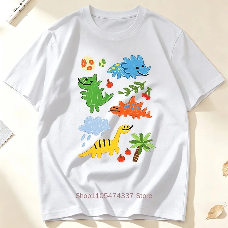 Colorful Dinosaur Doodle Graphic Print T-shirts Women Summer Casual Fashion Funny Y2K Tops Crew Neck Short Sleeve Cotton Tees