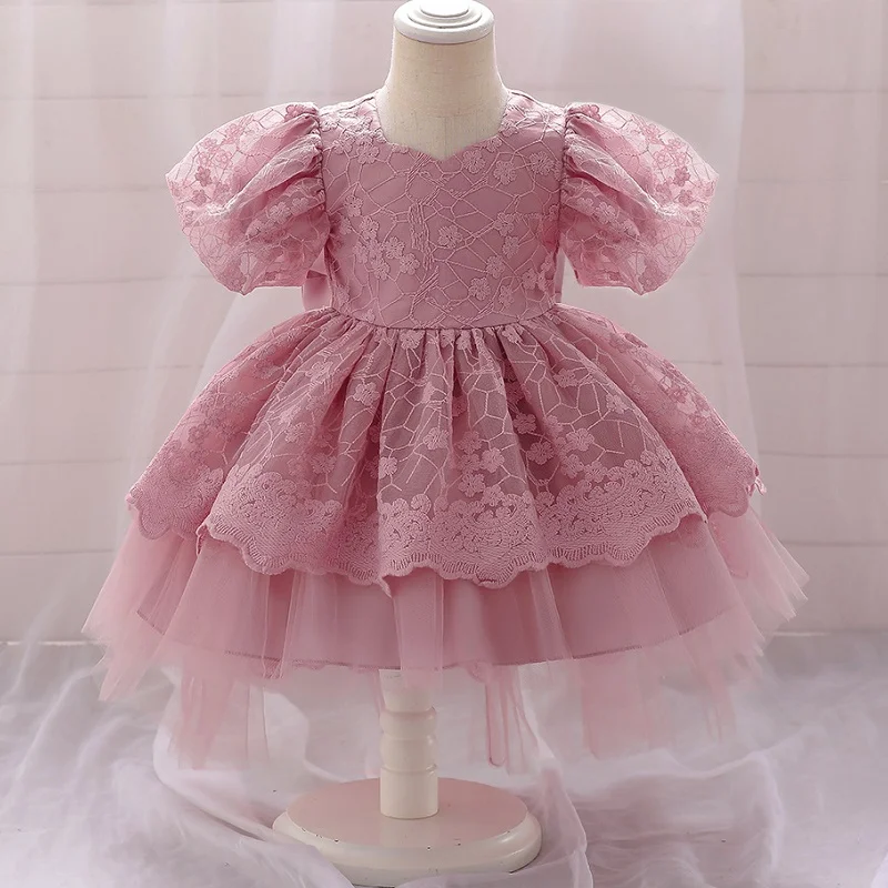 Girls' New Bow Princess Dress Baby Bubble Sleeve Fluffy Dress One Year Banquet Flower Girls' Performance Dress