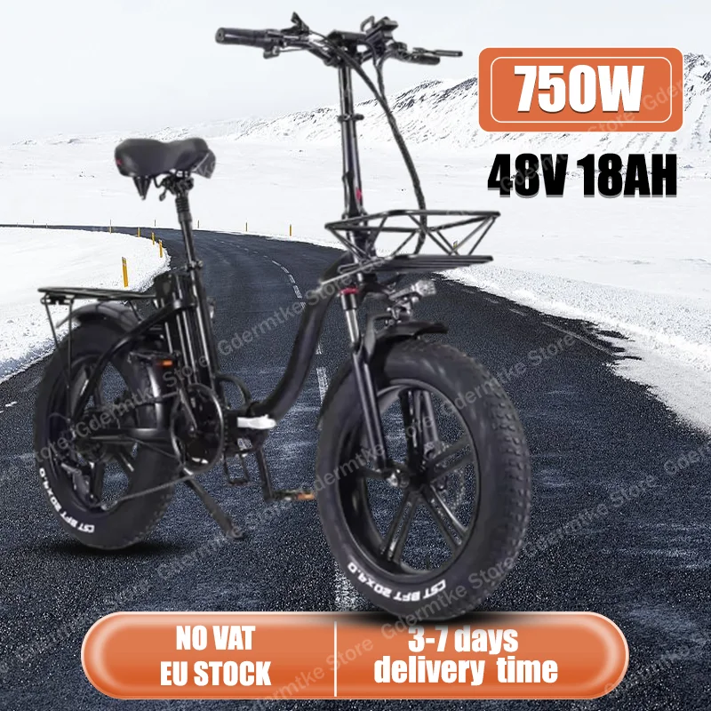 Electric Bicycle 750W Motor 48V18AH Lithium Battery Folding Electric Bike 20 Inch Fat Tire Mountain Shock Absorption Adult EBike