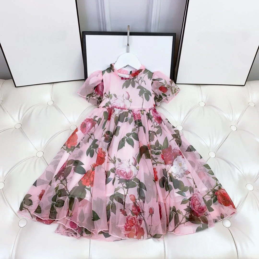 

2022 autumn new kids girls print floral dress chiffon flowers Princess dresses clothes 90-150