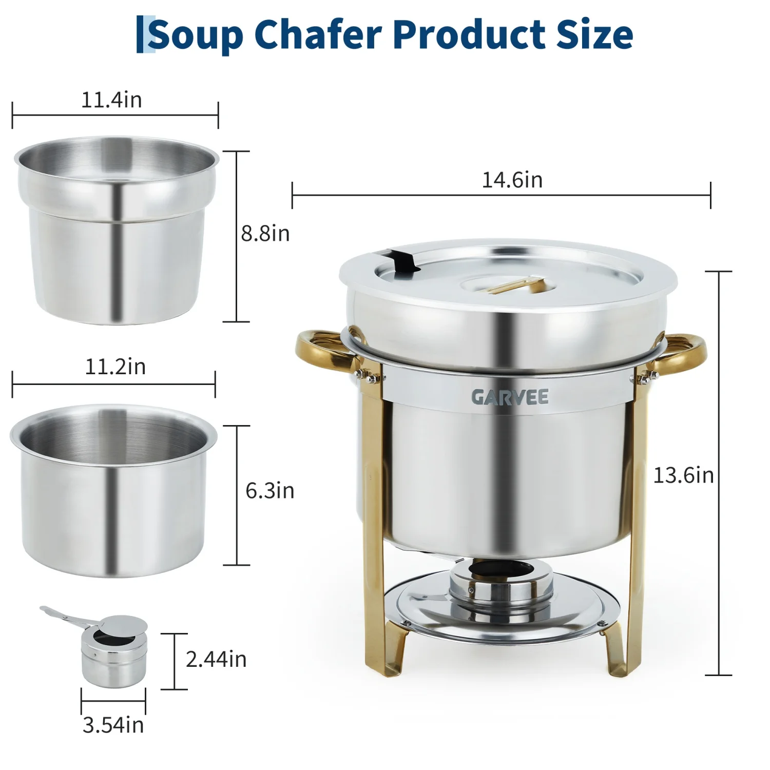 11QT Soup Chafer Set, 2 Pack/4 Pack Stainless Steel Round Food Warmers Set with Pot, Notched Lids & Fuel Holders, Soup Warmers Ideal for Buffet Service & Event Catering