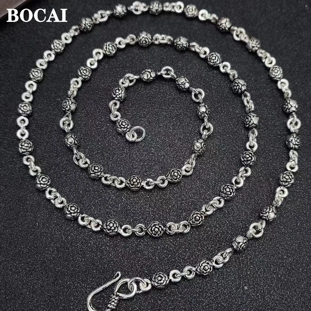 BOCAI Real S925 Silver Jewelry Trendy Personality Retro Handmade Rose Necklace For Men and Women