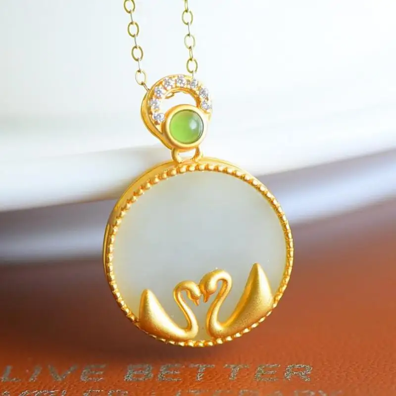 

S925 Sterling Silver Jade Necklace Women Certified Jewelry Genuine Chinese Nephrite Hetian Jade Silver Swan Pendant Necklaces